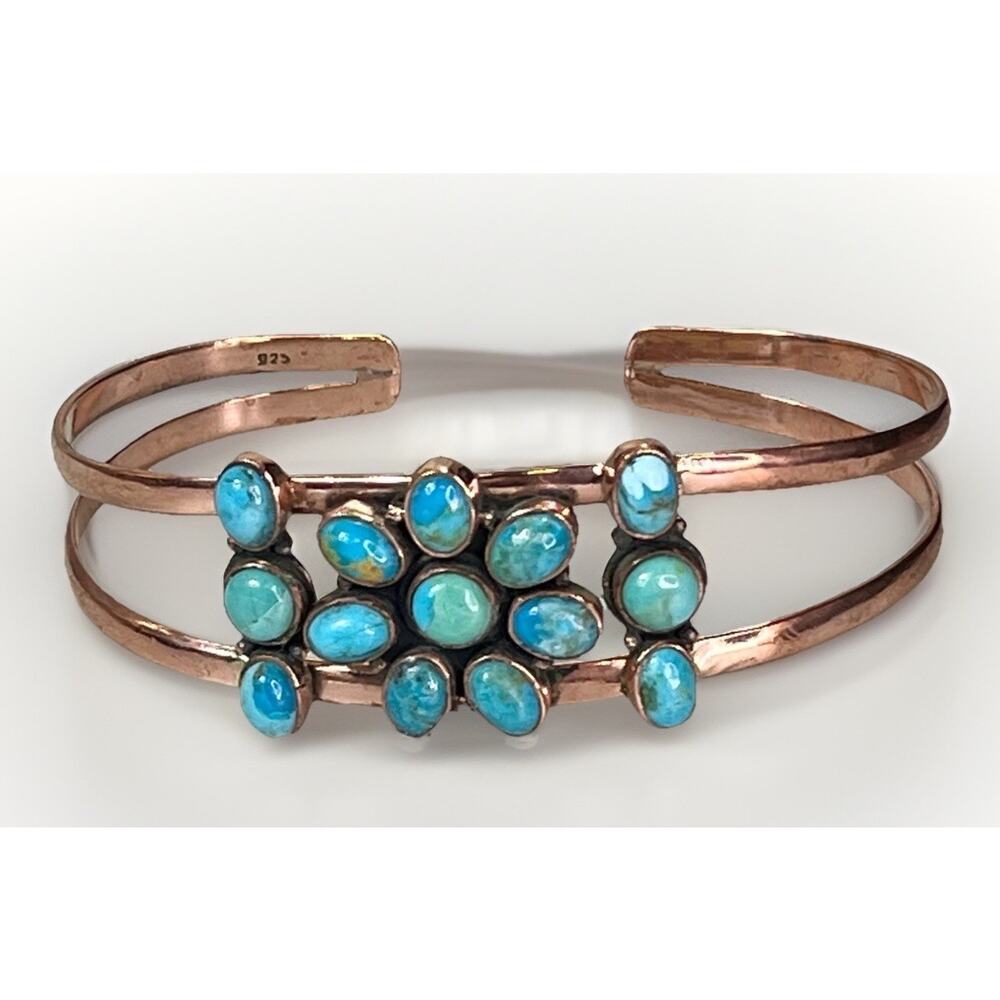 Southwestern Copper Kingman Turquoise Cluster Cuff Bracelet Handmade Statement - Picture 4 of 14